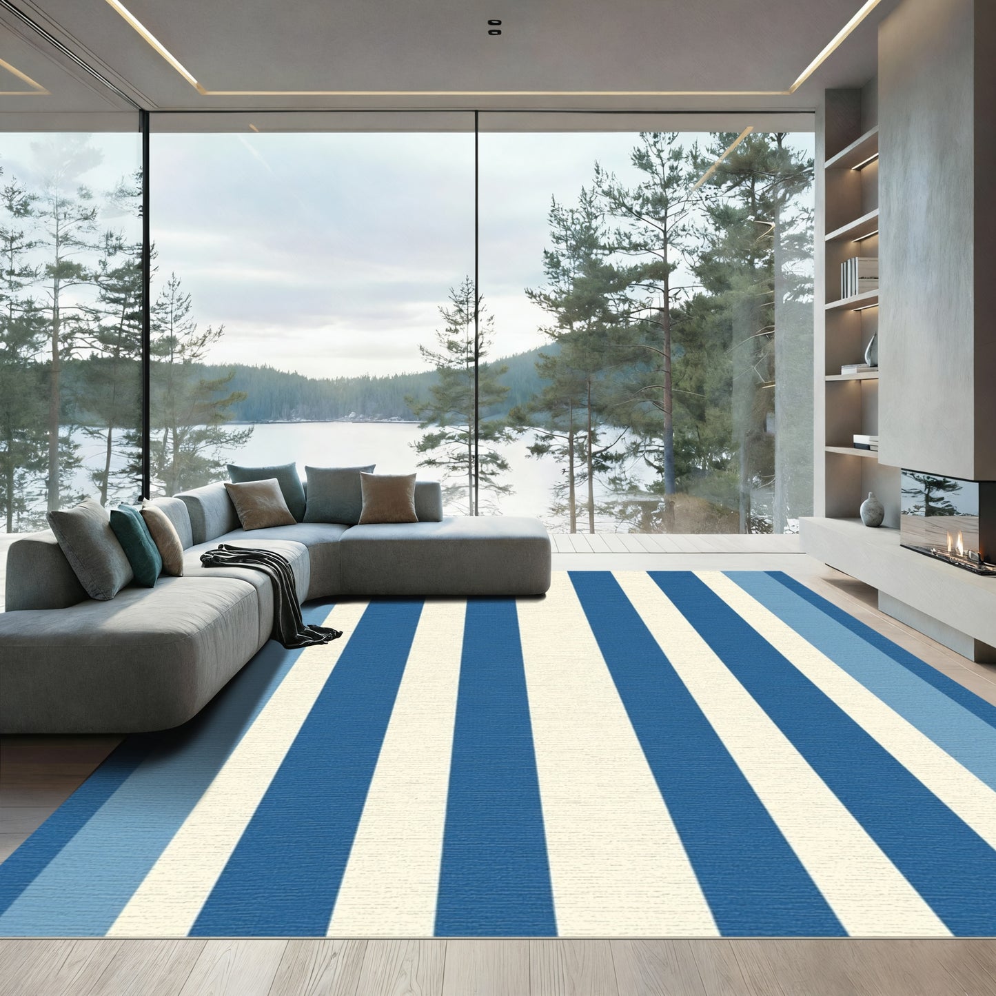 Coastal Blue Cream Pinstripe Rug
