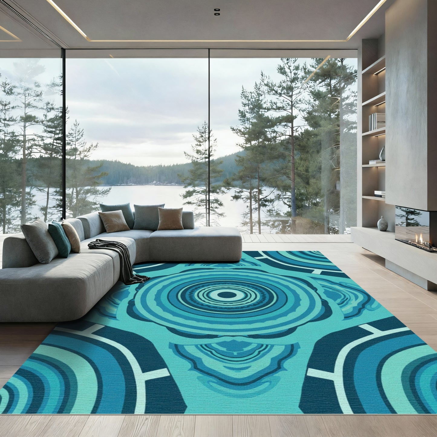 Teal Blue Concentric Circles Abstract Rug