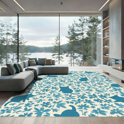 Blue Feline Floral Botanical Whimsy Rug
