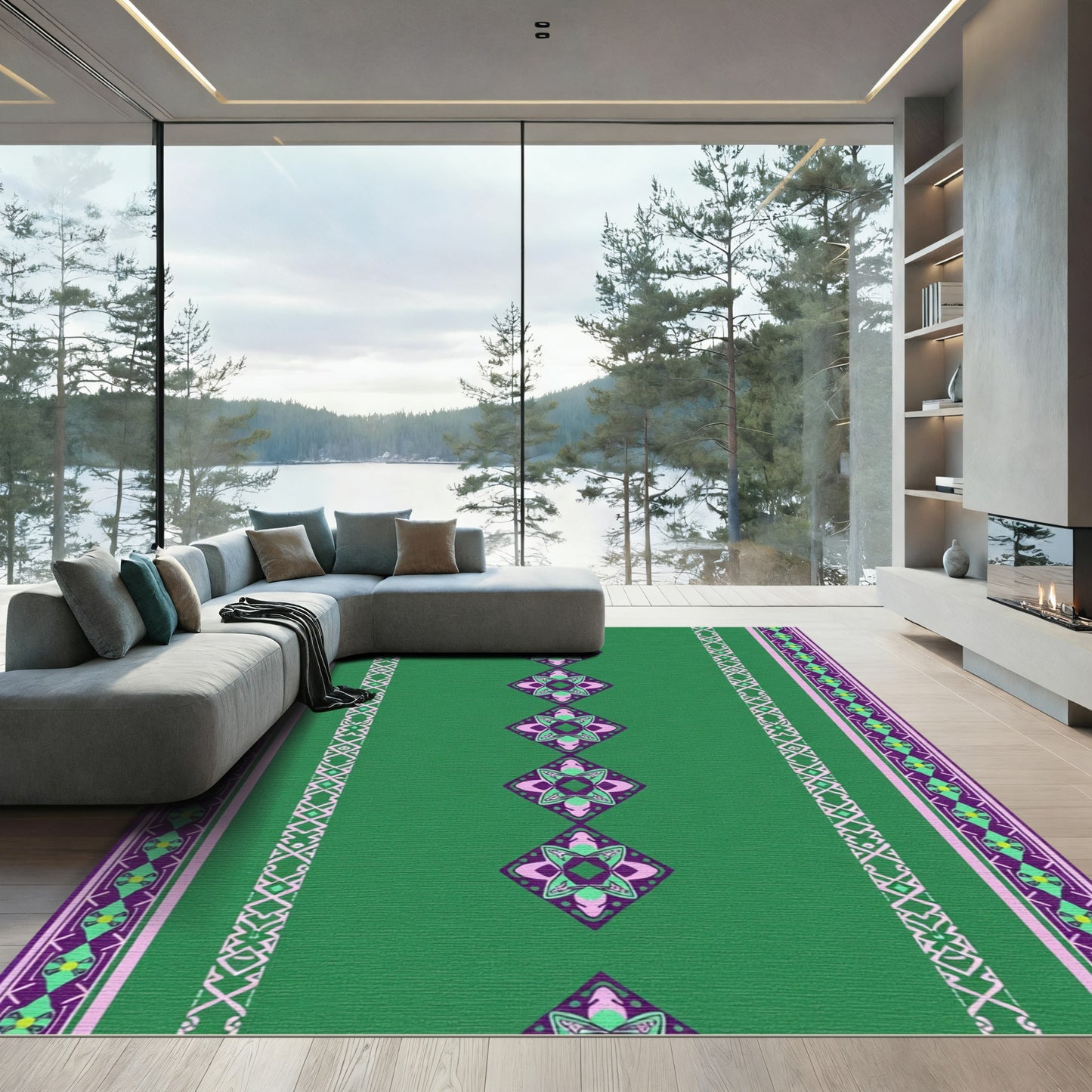 Emerald Green Purple Diamond Border Medallion Rug