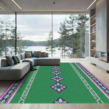 Emerald Green Purple Diamond Border Medallion Rug