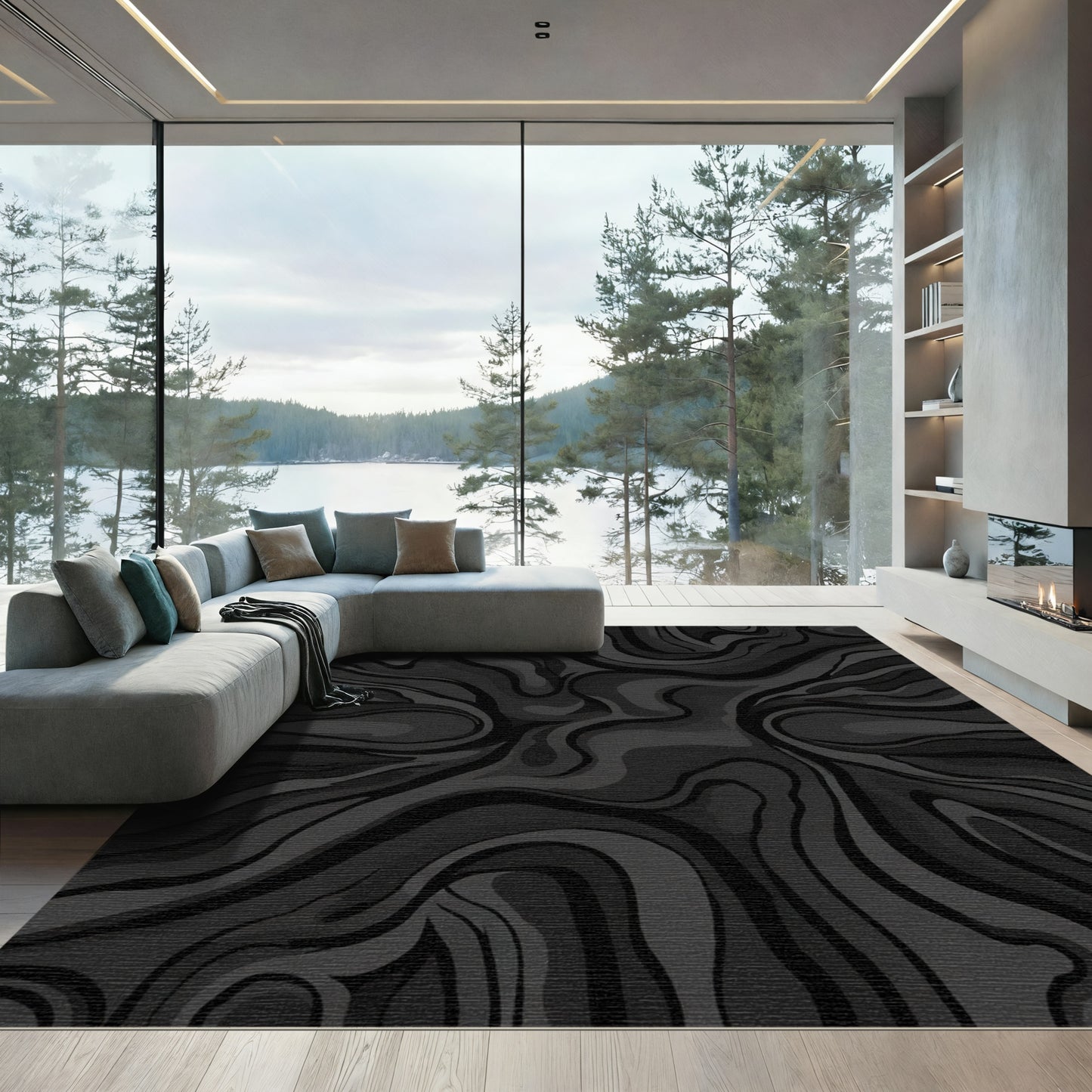 Dark Grey Swirling Marble Abstract Rug