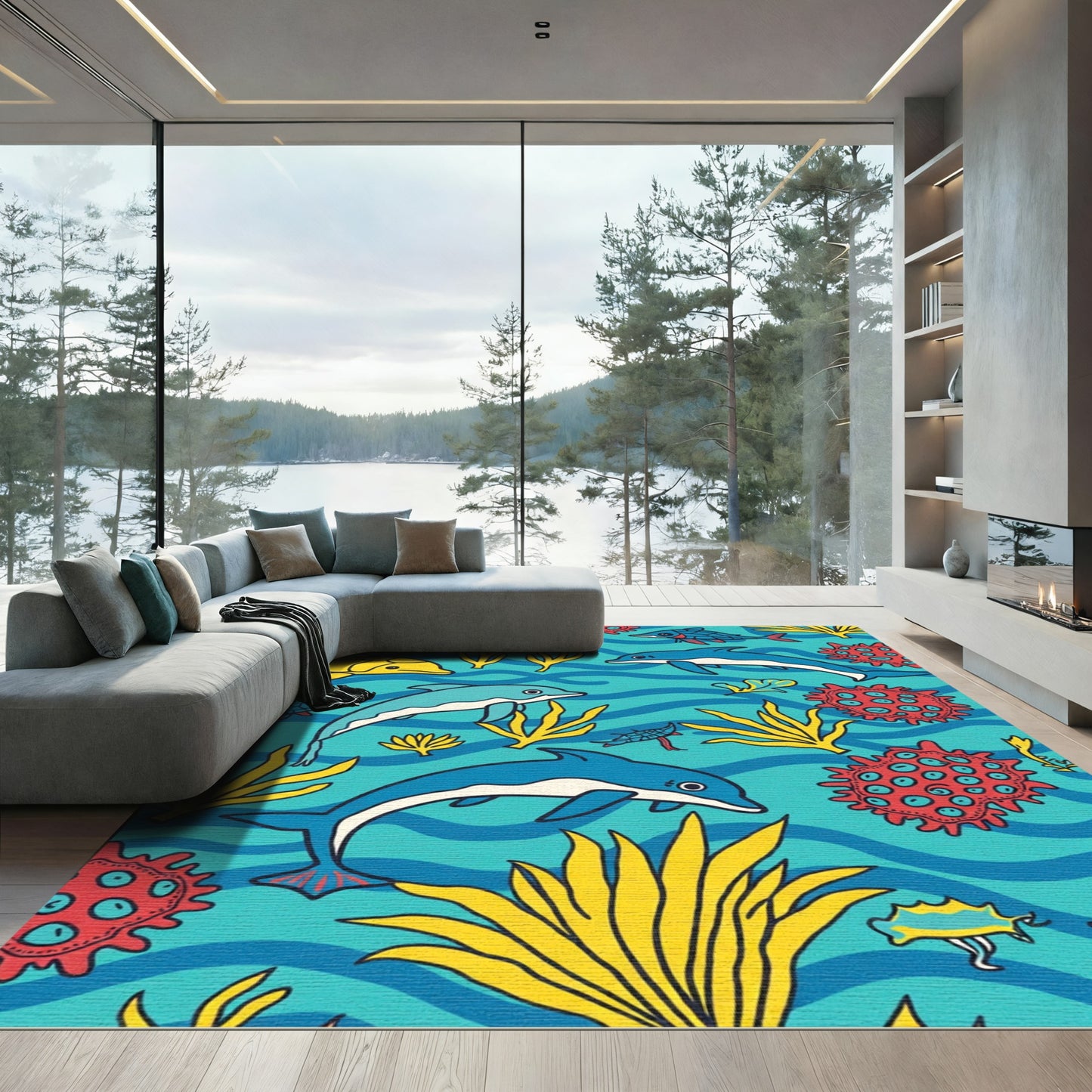 Whimsical Blue Dolphin Coral Sea Life Rug