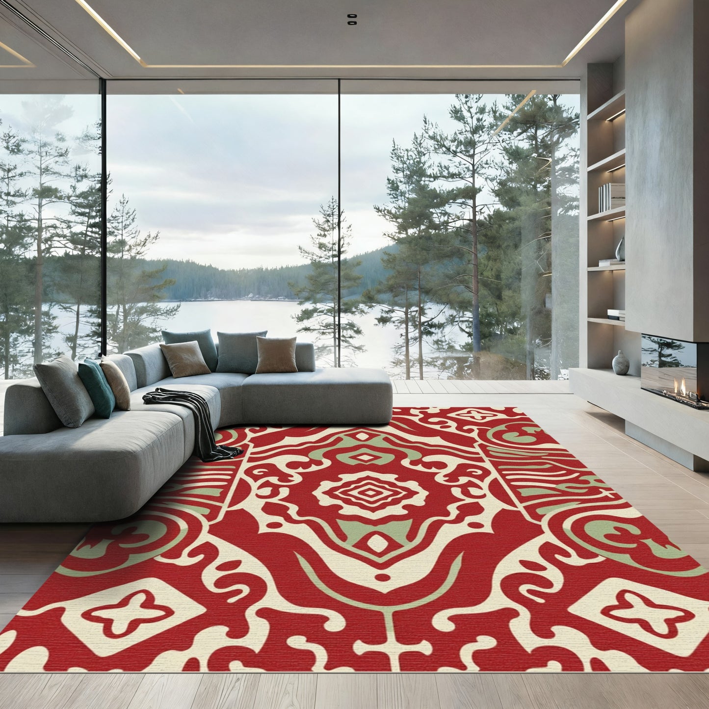 Crimson Cream Sage Abstract Cartouche Rug