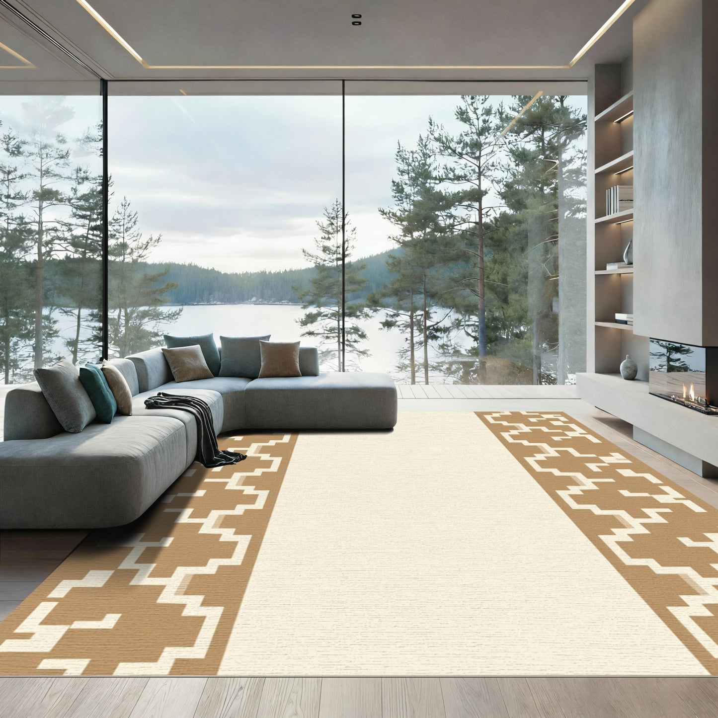 Gold Tan Geometric Border Rug