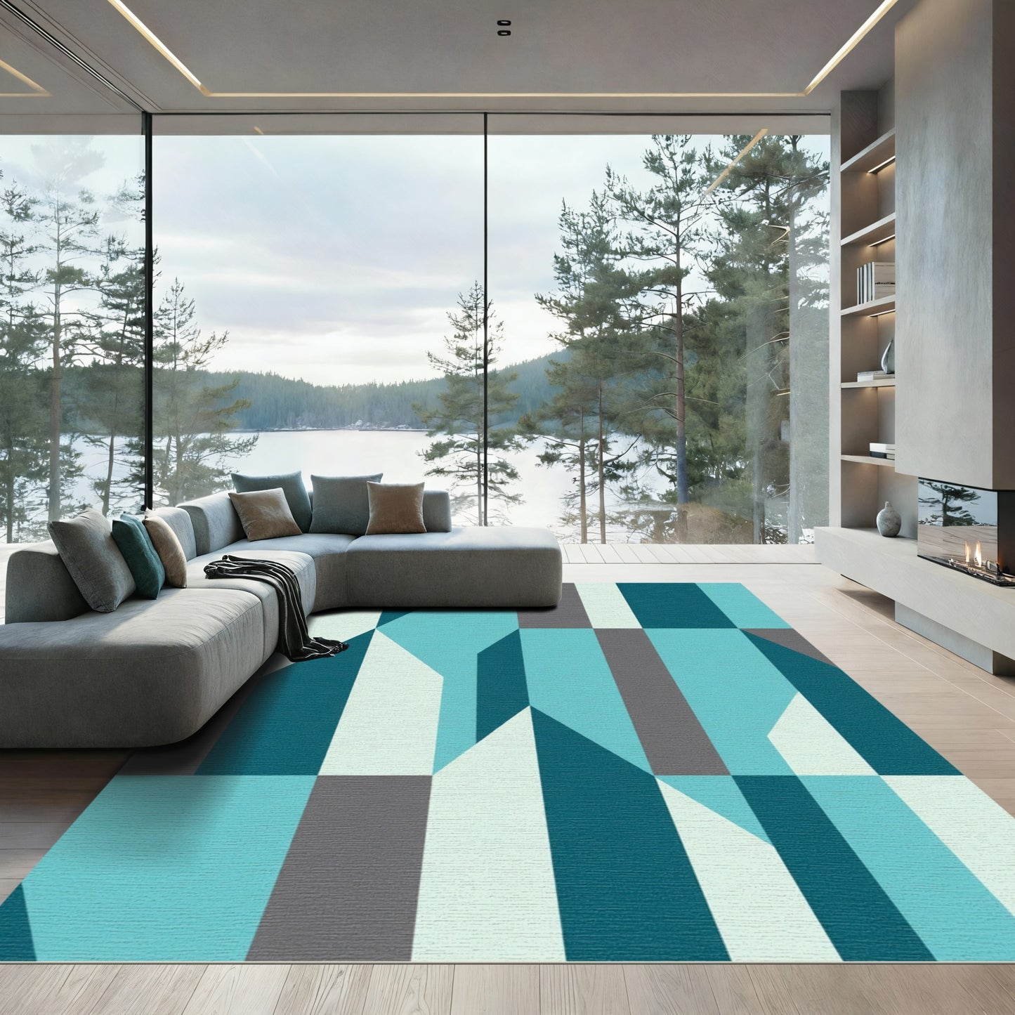 Teal Gray Geometric Blok Landscape Rug