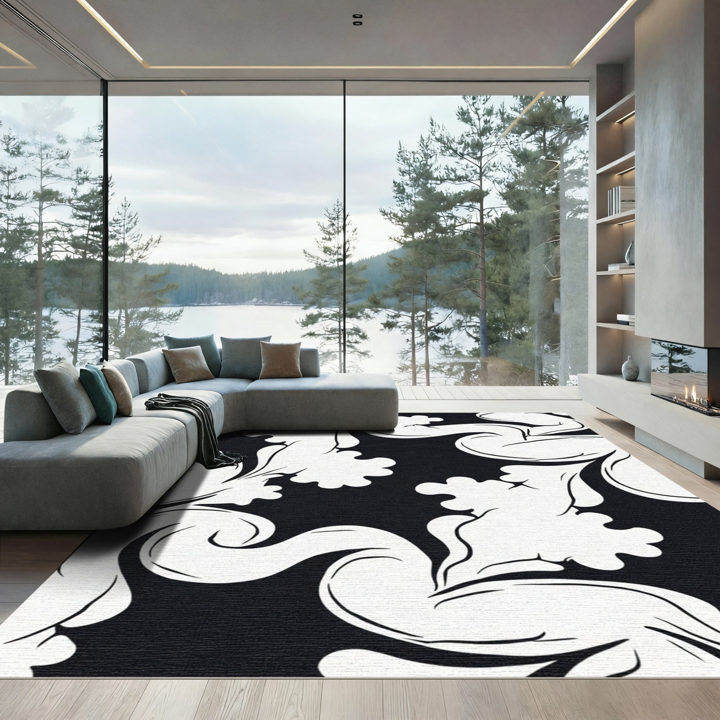Classic Black White Scrollwork Rug