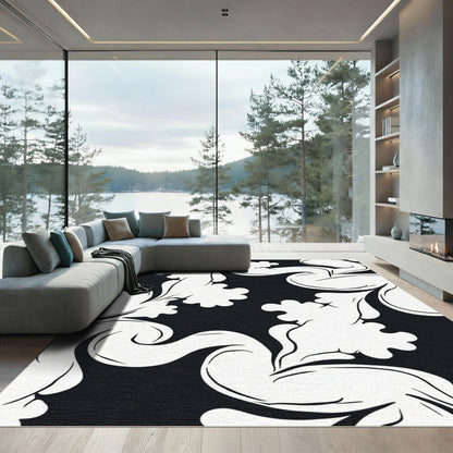 Classic Black White Scrollwork Rug