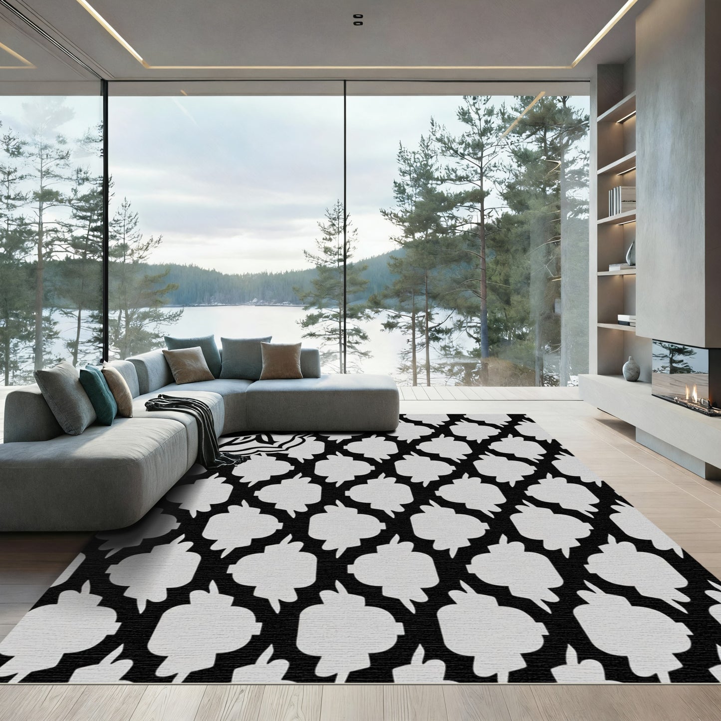 Monochromatic Black White Mandala Geometric Rug