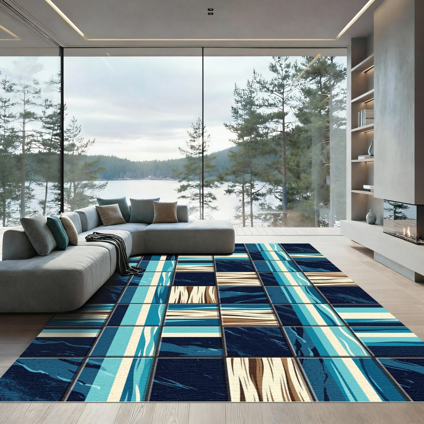 Abstract Blue Tan Coastal Tiles Rug