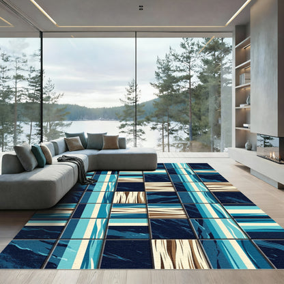 Abstract Blue Tan Coastal Tiles Rug
