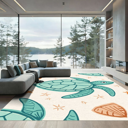 Teal Seahorse Turtle Starfish Shells Rug