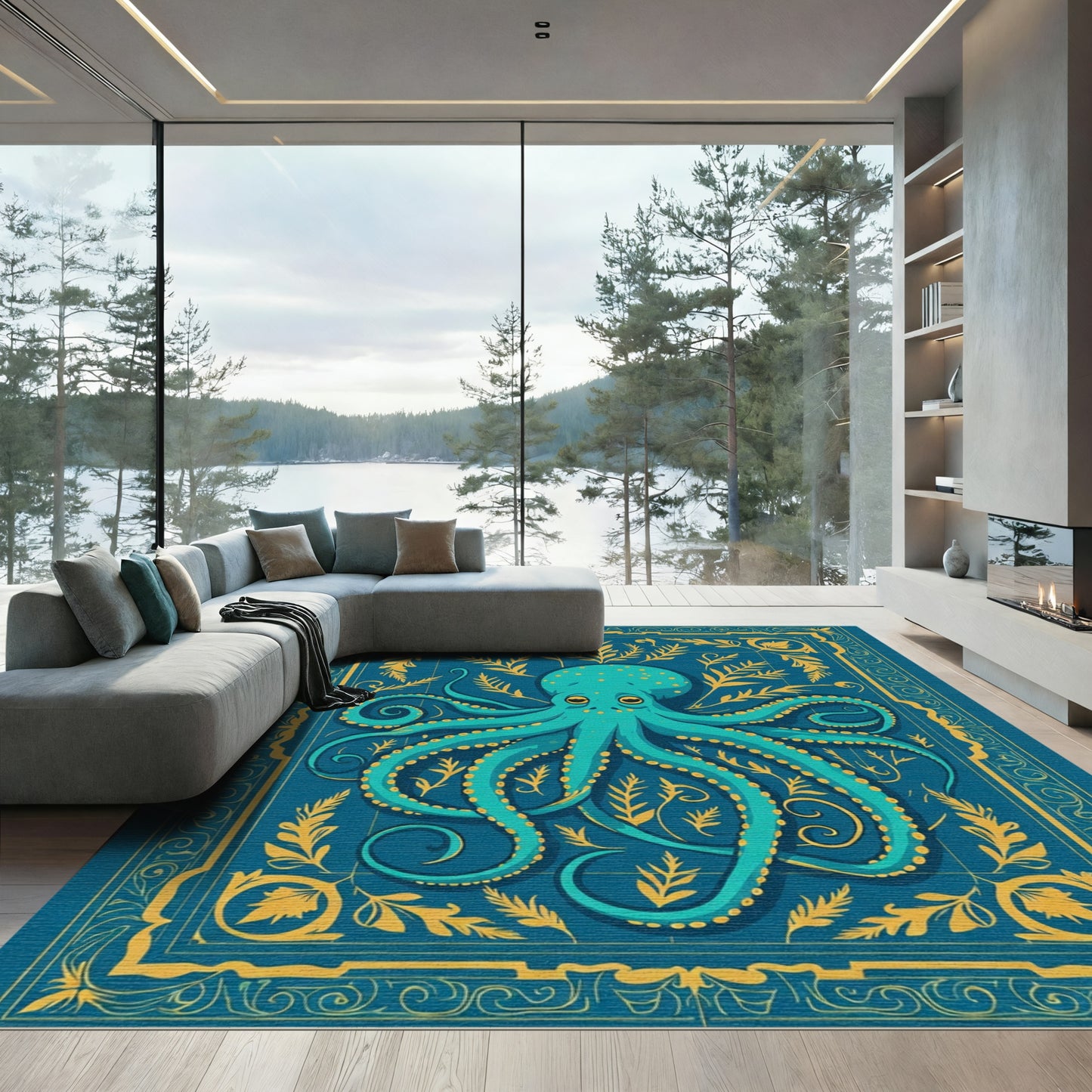 Teal Octopus Floral Border Rug