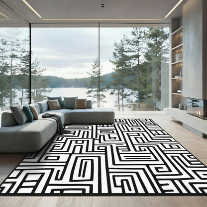 Black White Abstract Line Labyrinth Rug