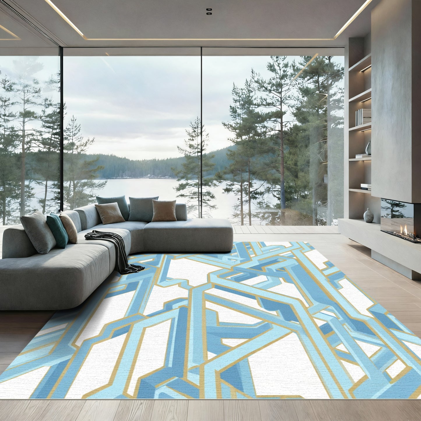 Light Blue Geometric Network Maze Rug