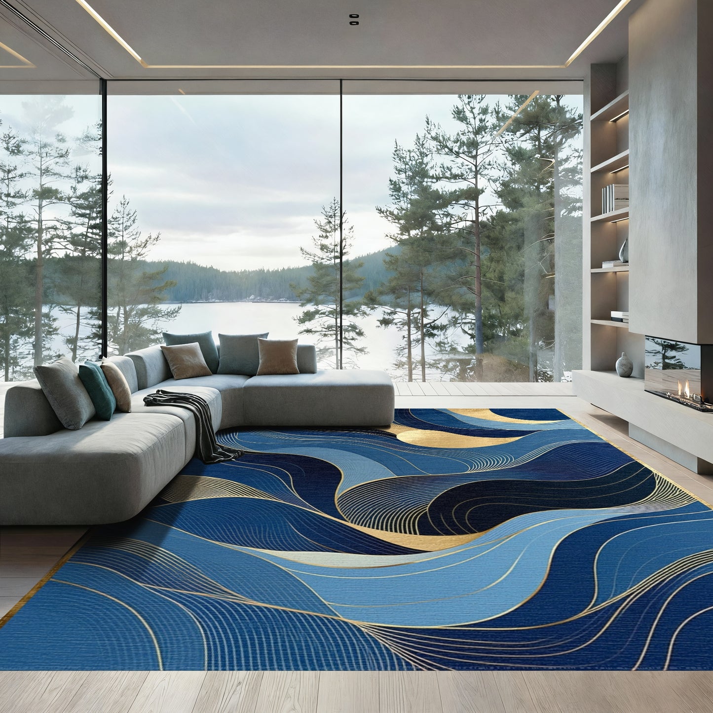 Navy Gold Waves Crescent Moon Rug