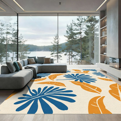 Bold Blue Orange Leaf Pattern Rug