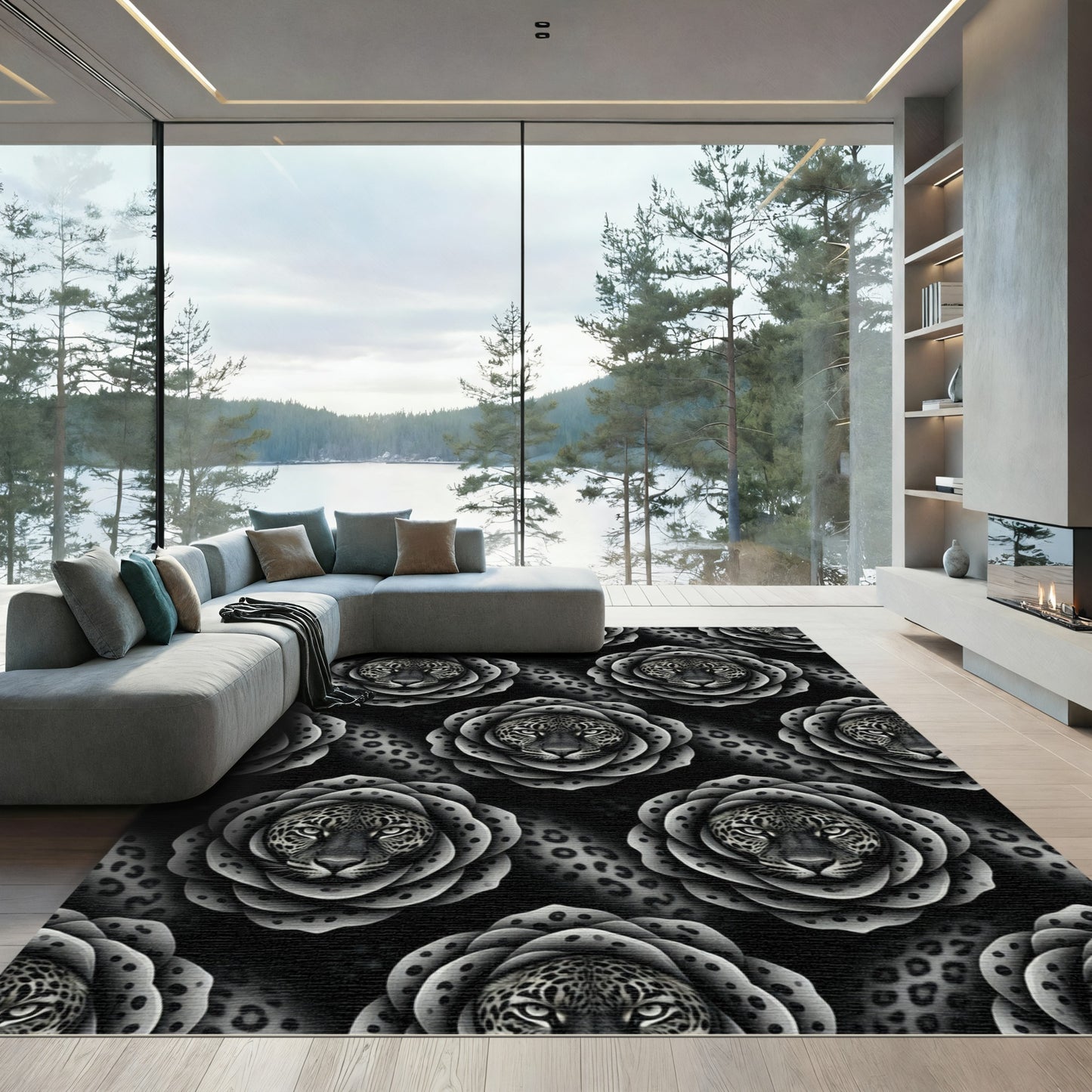 Monochromatic Leopard Rose Floral Rug