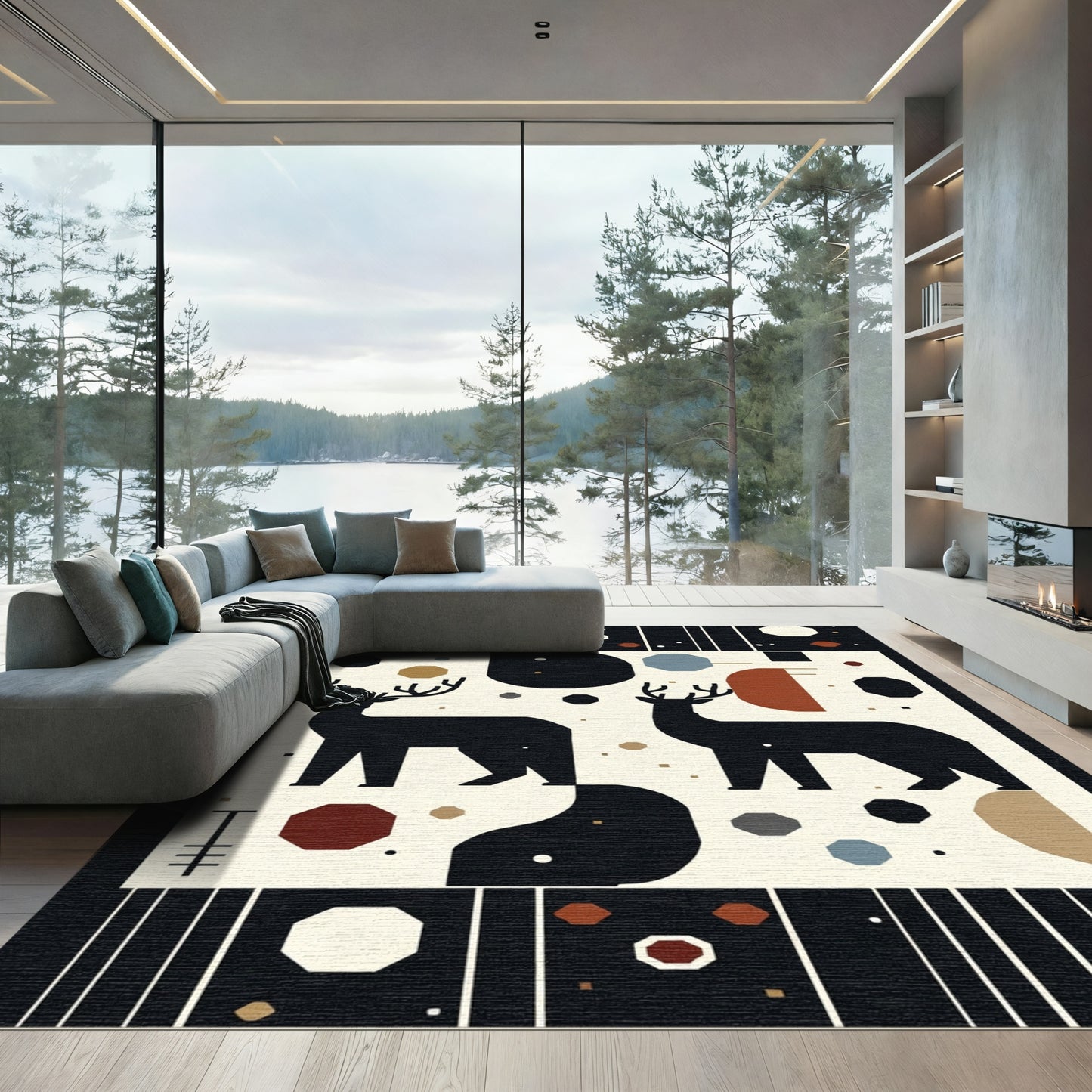 Black Deer Geometric Woodland Scene Rug