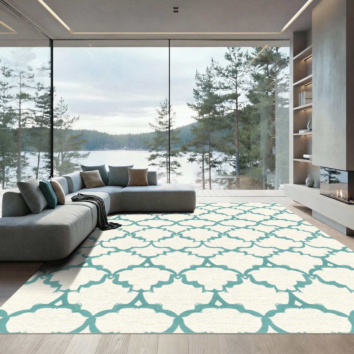 Teal Quatrefoil Lattice Abstract Rug