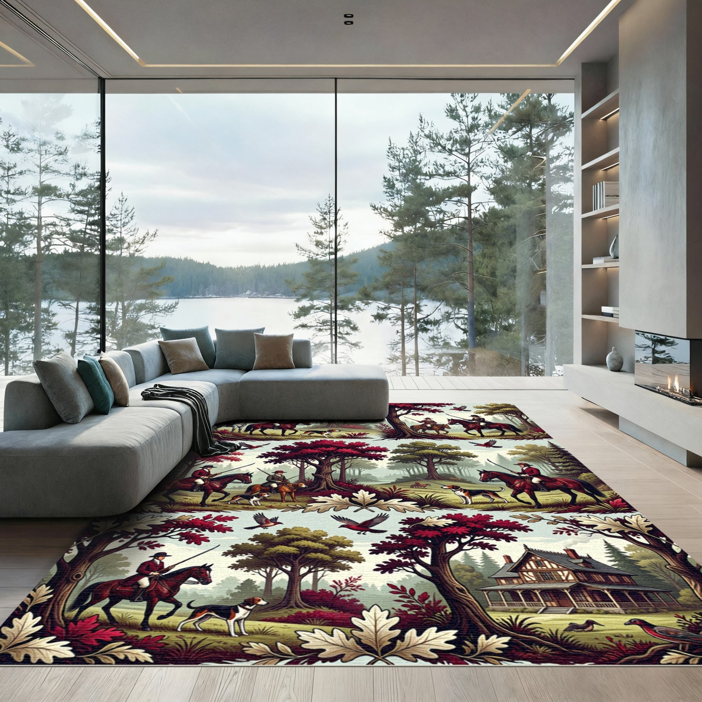 Equestrian Countryside Scene Hunting Artwork Rug