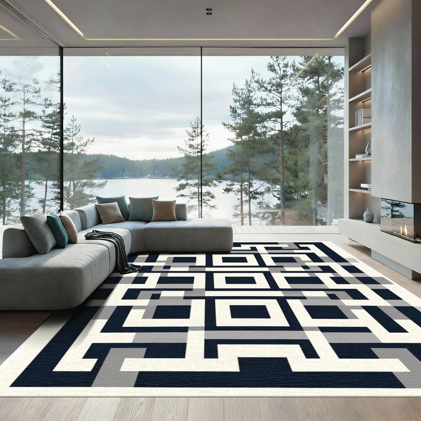Modern Navy White Geometric Maze Rug