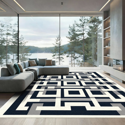 Modern Navy White Geometric Maze Rug