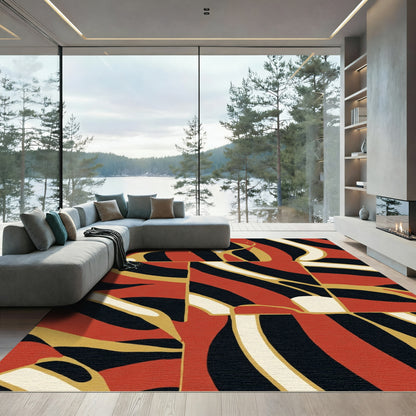 Crimson Gold Abstract Swirl Blocks Rug