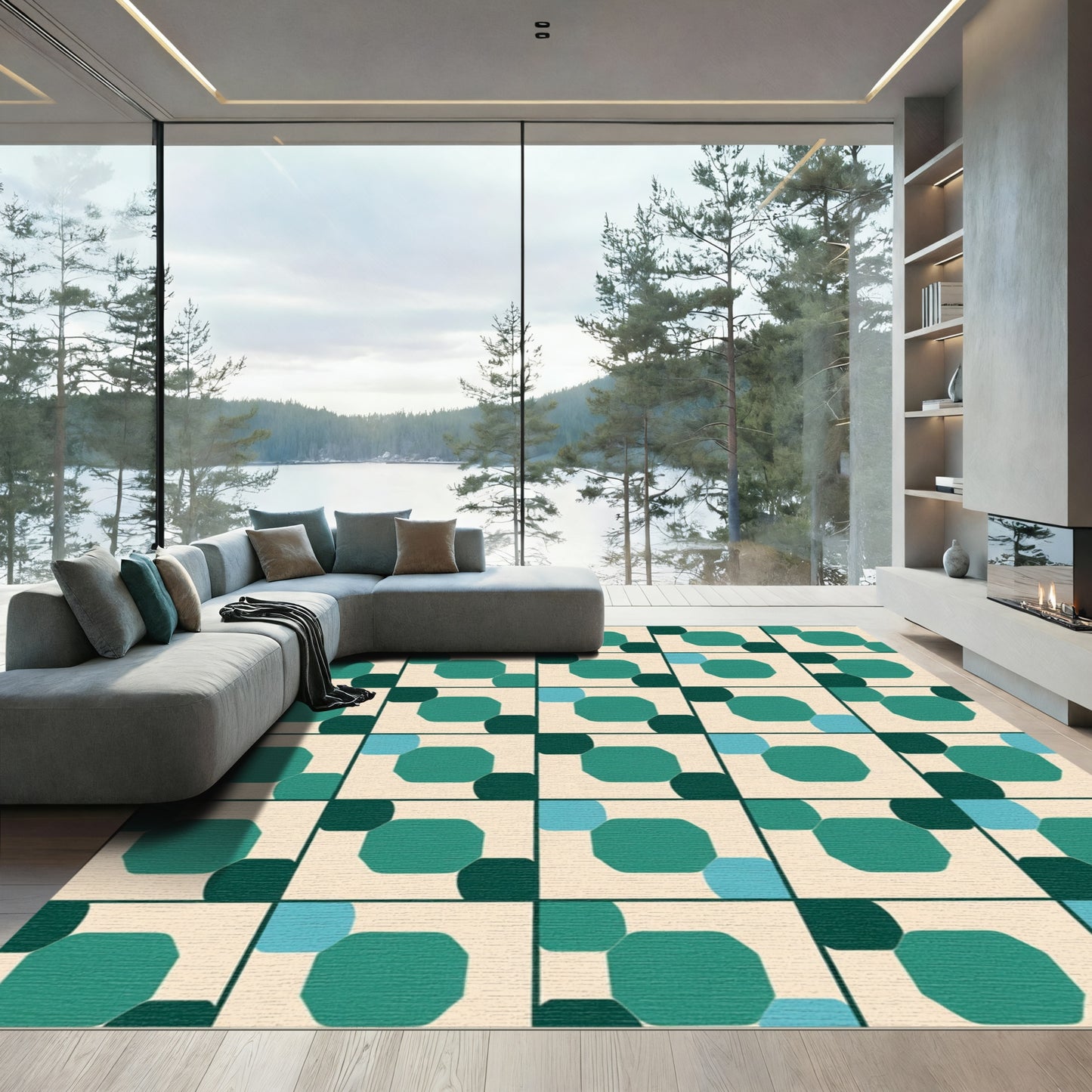 Teal Green Octagon Square Grid Rug