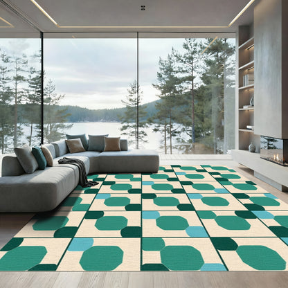 Teal Green Octagon Square Grid Rug