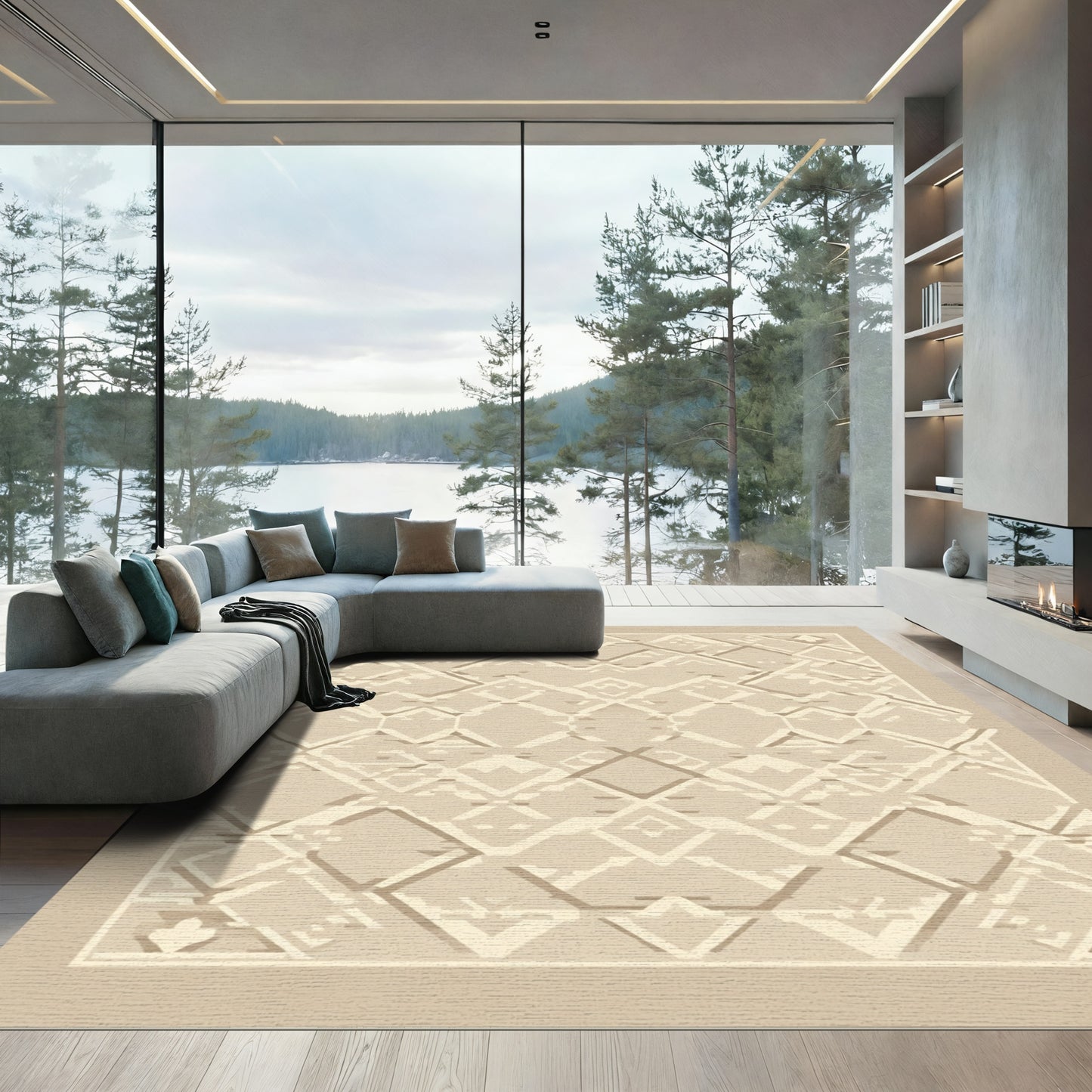 Cream Geometric Diamond Lattice Rug