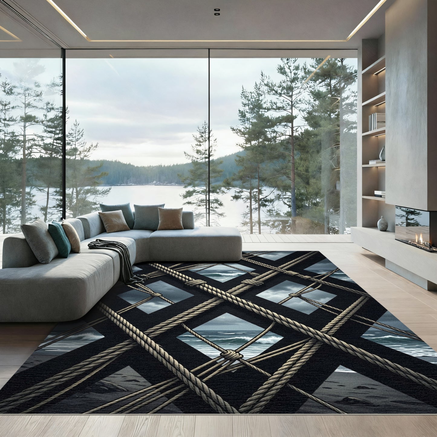 Nautical Black Diagonal Rope Net Rug