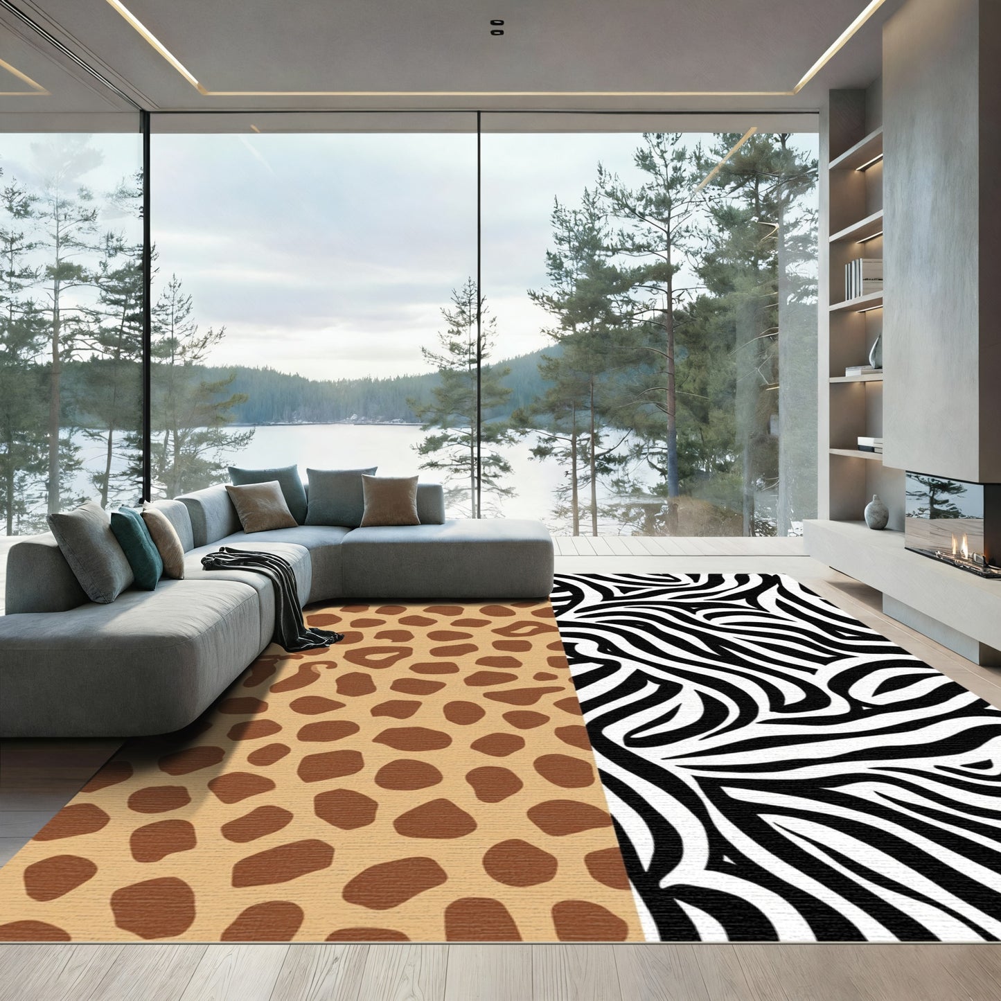 Brown Spots Black White Stripes Overlay Rug
