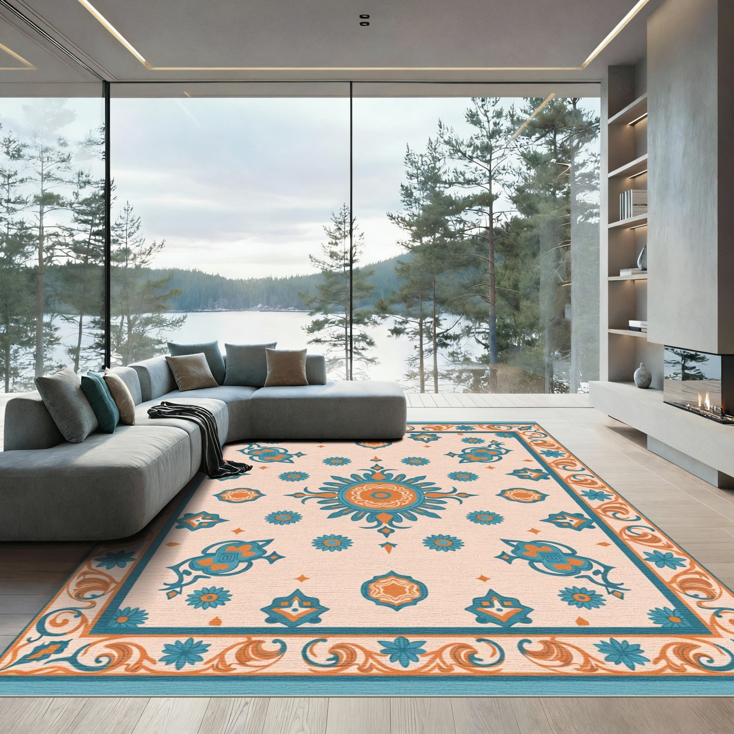 Teal Orange Floral Medallion Border Rug