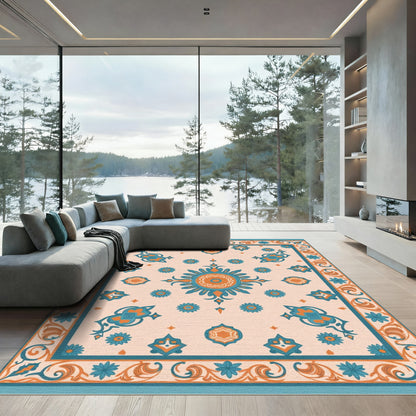 Teal Orange Floral Medallion Border Rug