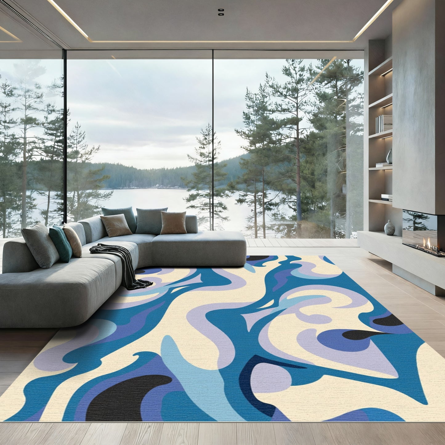 Abstract Blue Swirl Flow Rug