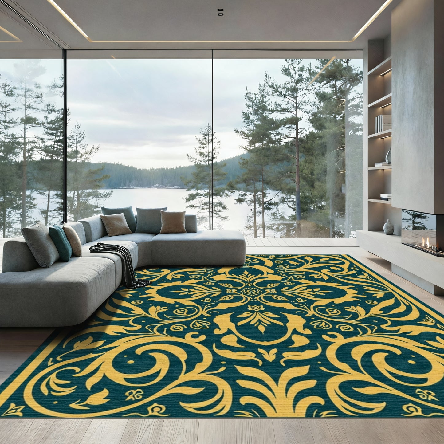 Golden Teal Floral Scrollwork Rug