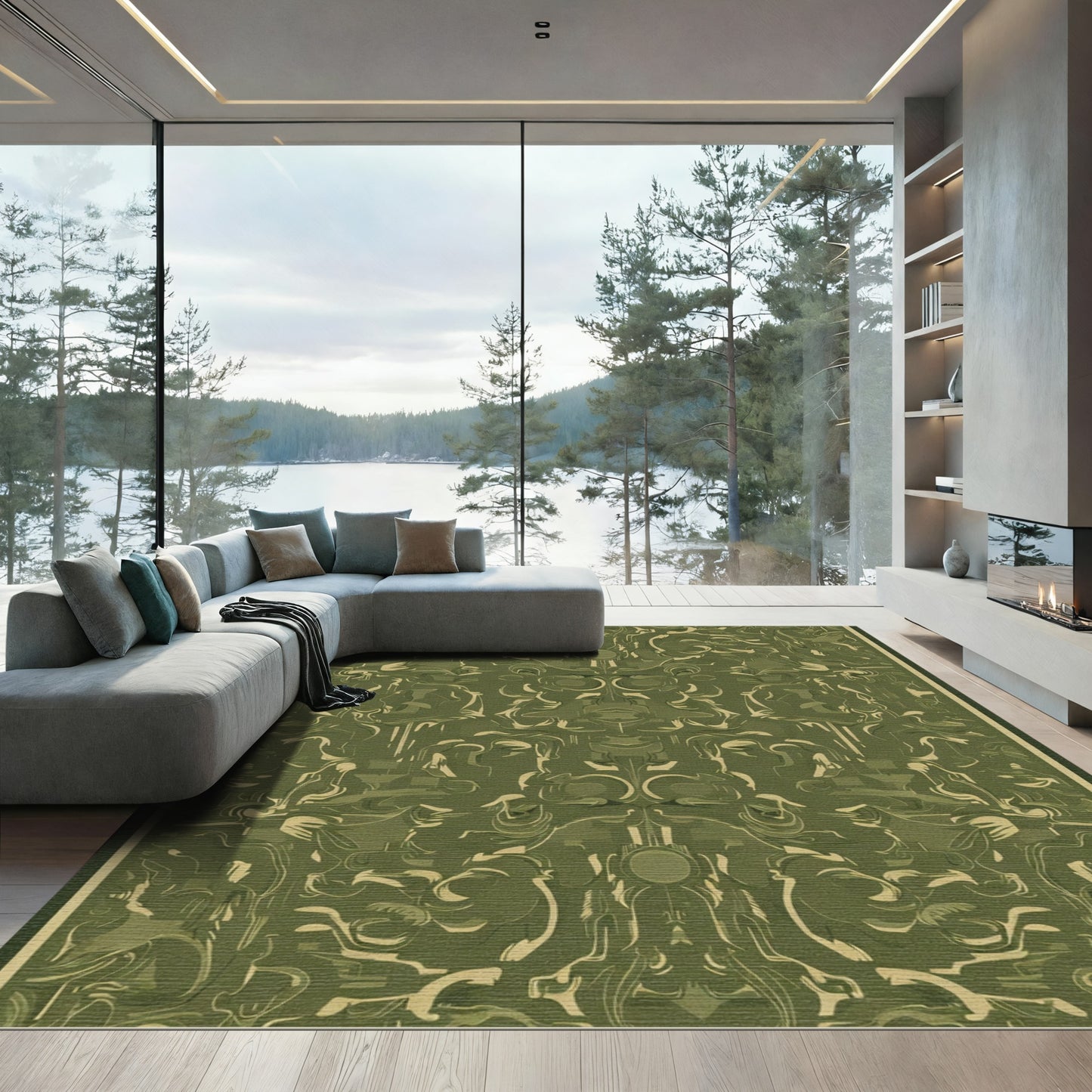 Olive Tan Abstract Baroque Floral Rug