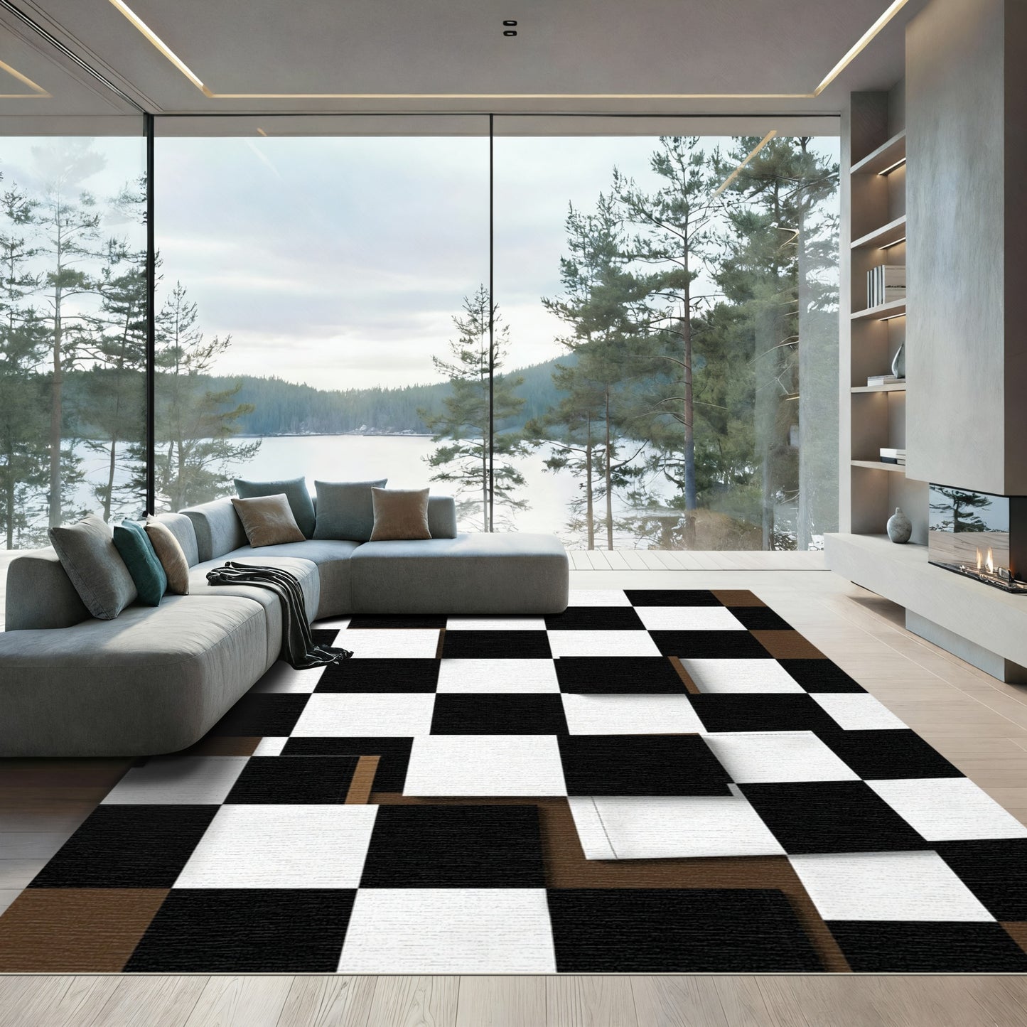 Bold Checkerboard Black White Brown Rug
