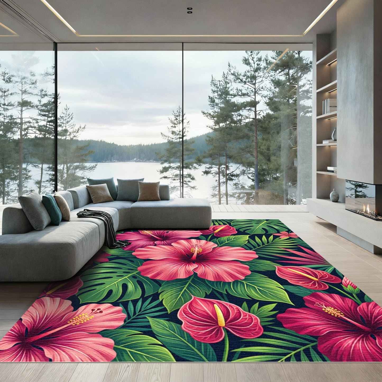 Vibrant Tropical Hibiscus Anthurium Foliage Rug