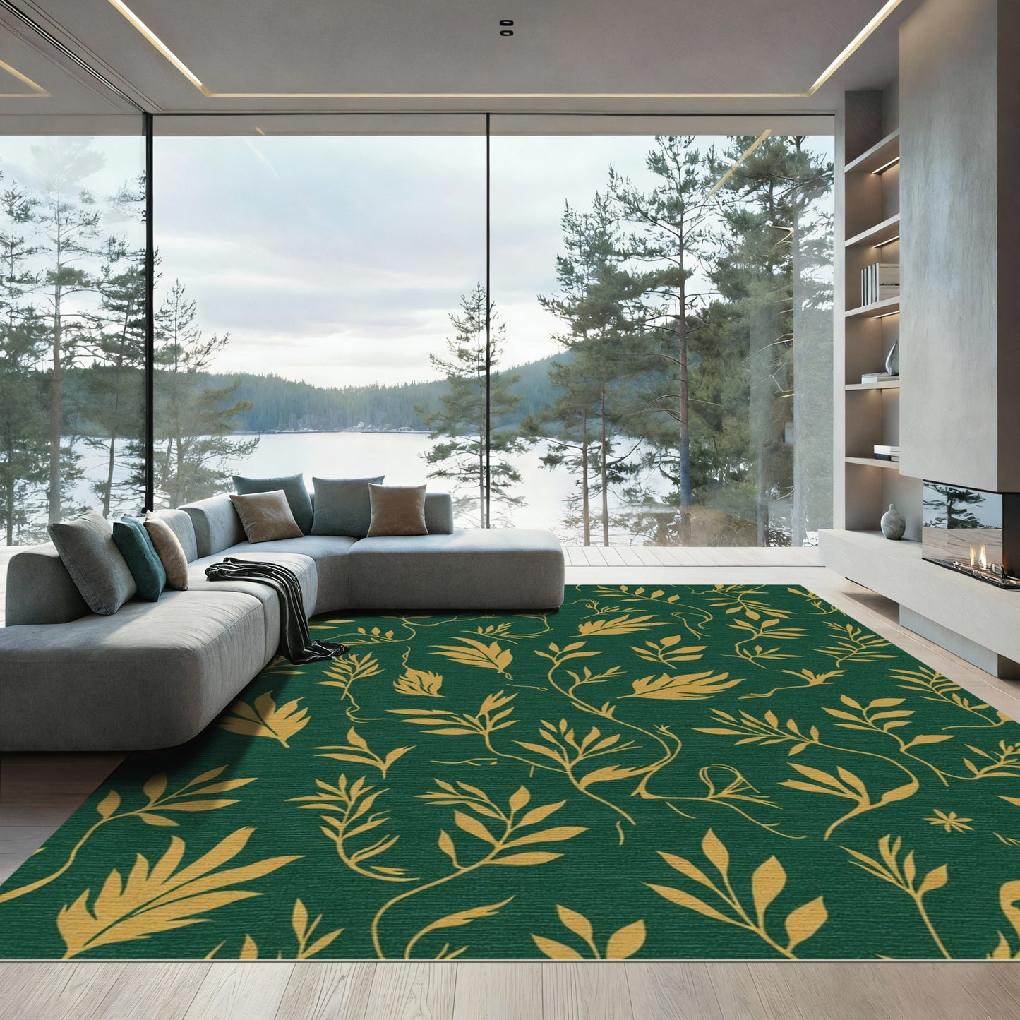 Emerald Green Botanical Leaf Vines Rug