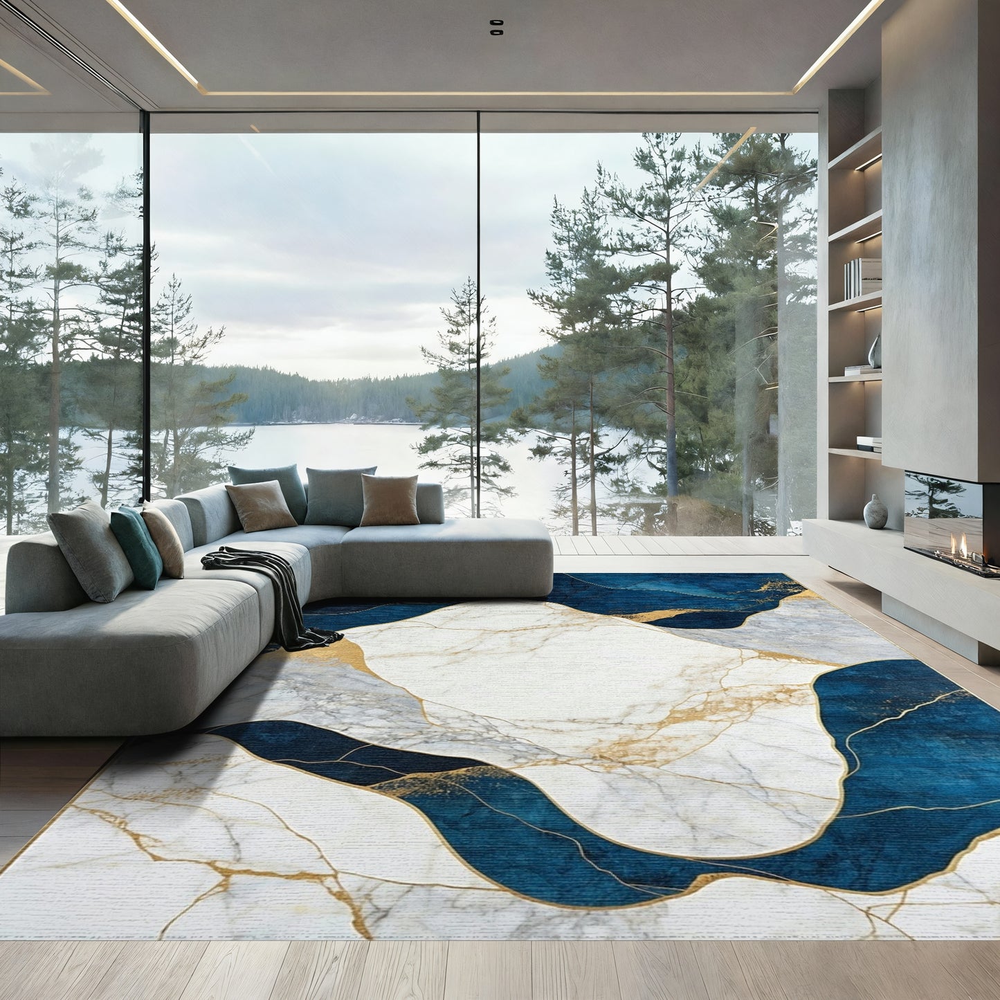 Navy Gold Veined Marble Rug