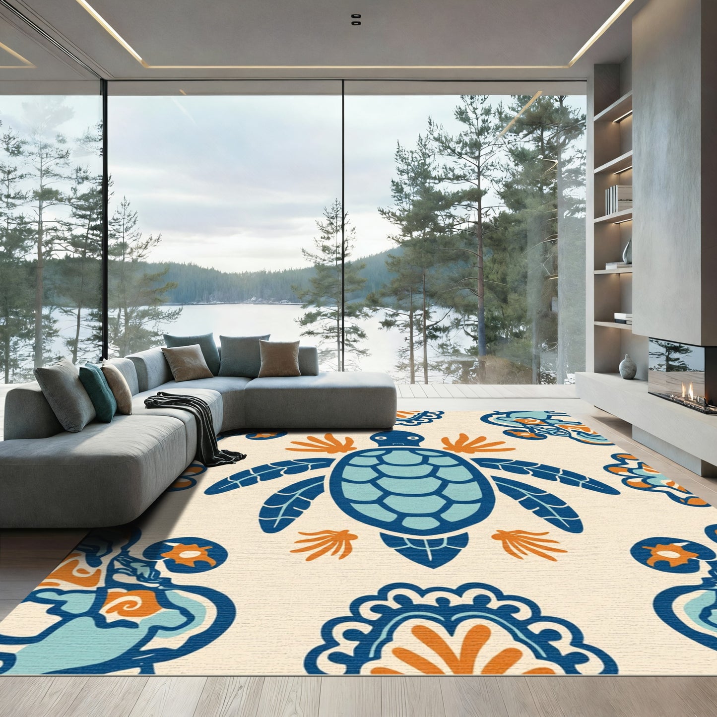 Marine Blue Turtle Floral Medallion Rug