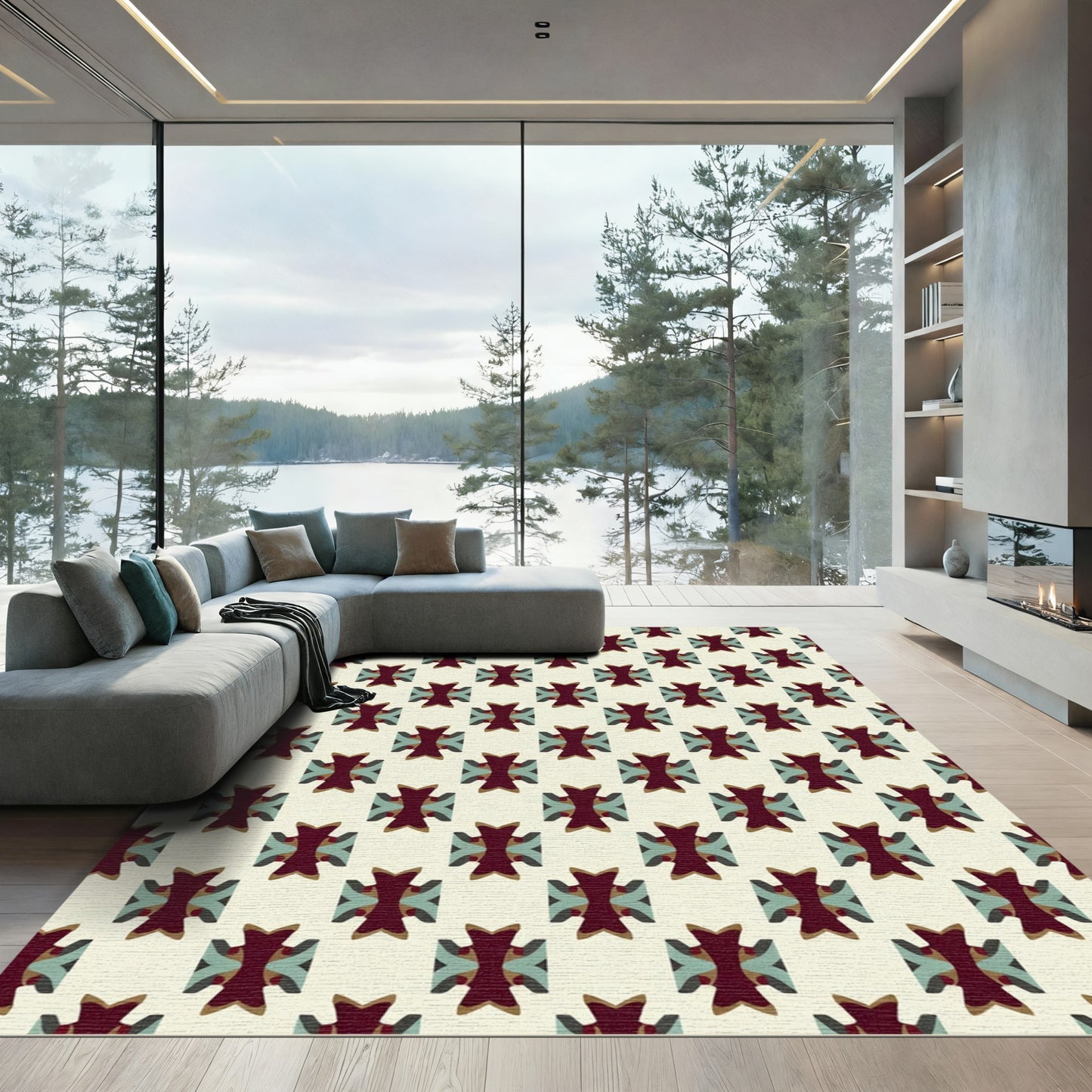 Crimson Teal Geometric Quad Medallion Rug