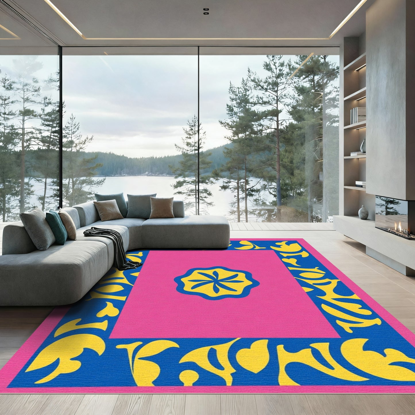 Hot Pink Blue Yellow Floral Frame Rug