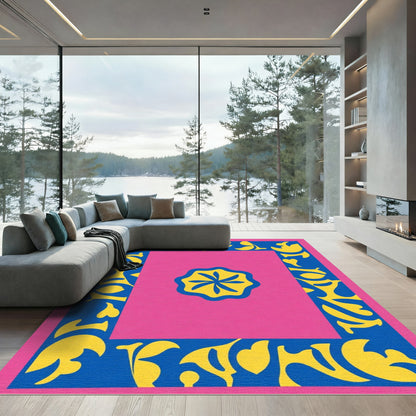 Hot Pink Blue Yellow Floral Frame Rug