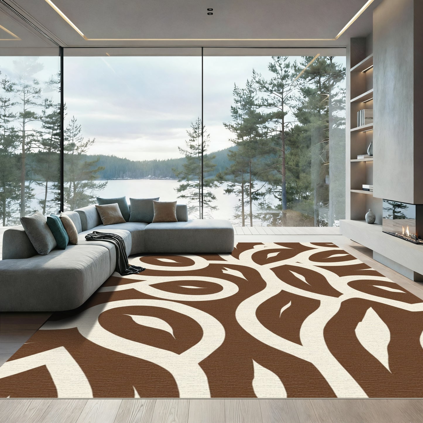 Cream Brown Organic Swirl Vine Rug