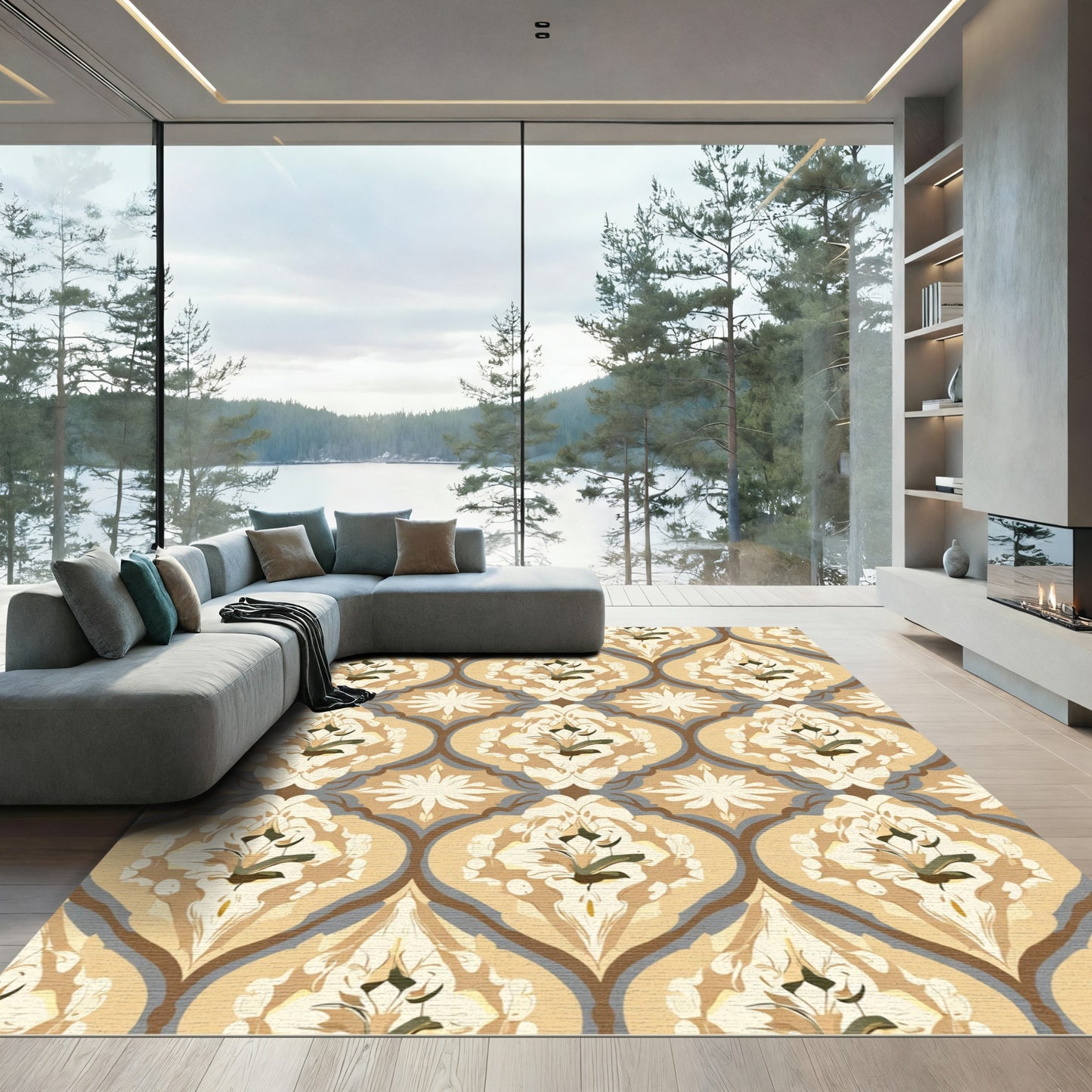 Caramel Ochre Floral Damask Rug