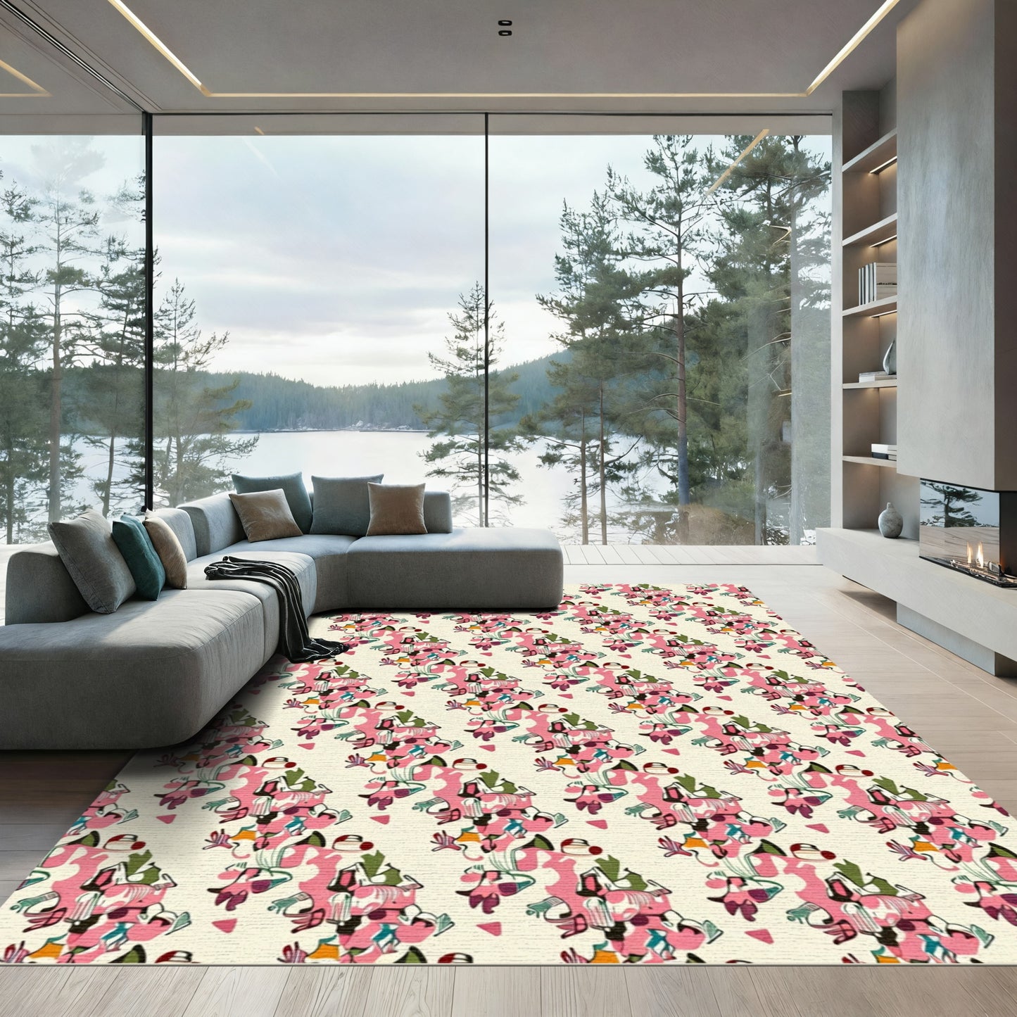 Pink Abstract Floral Whimsical Composition Rug