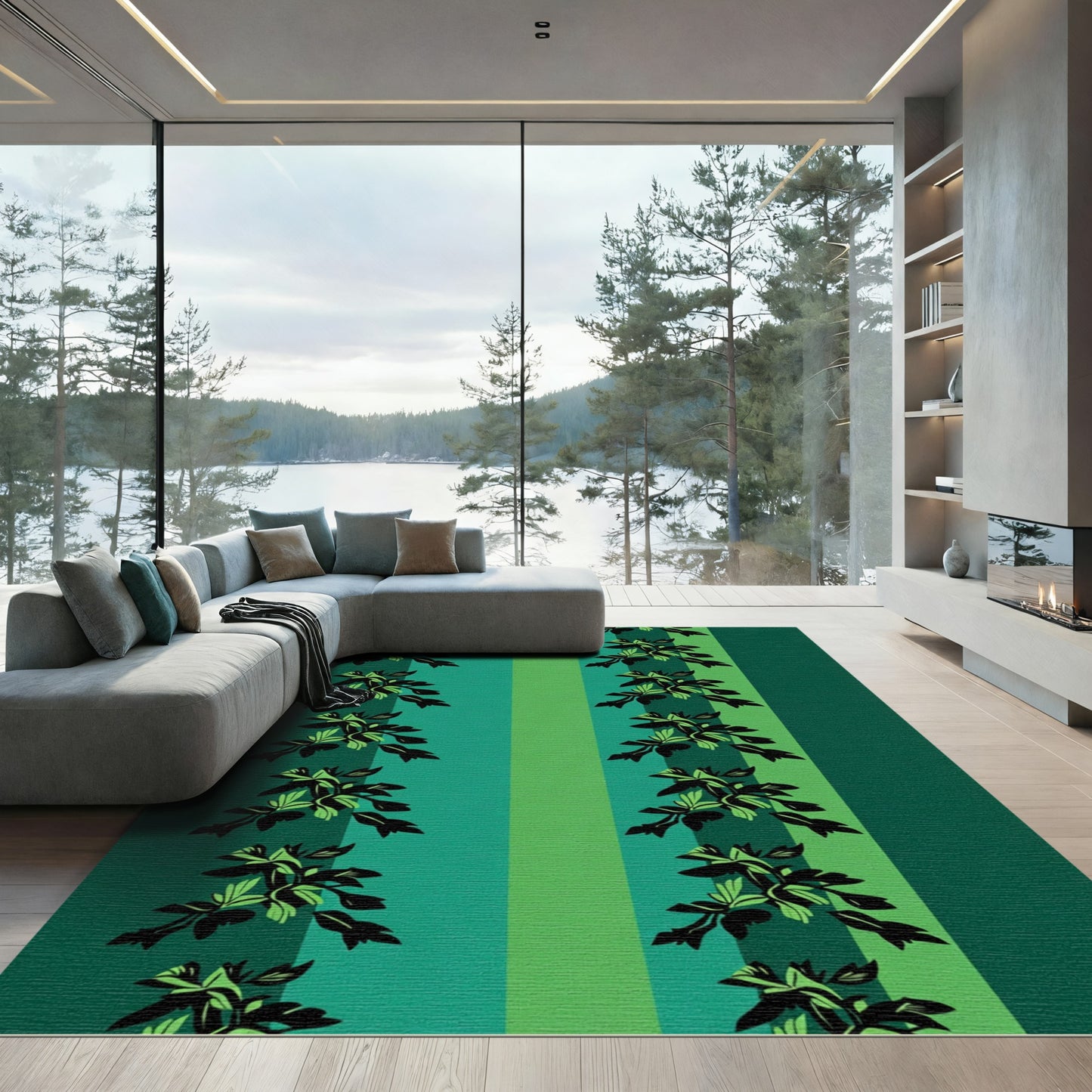 Emerald Green Vertical Floral Stripe Rug
